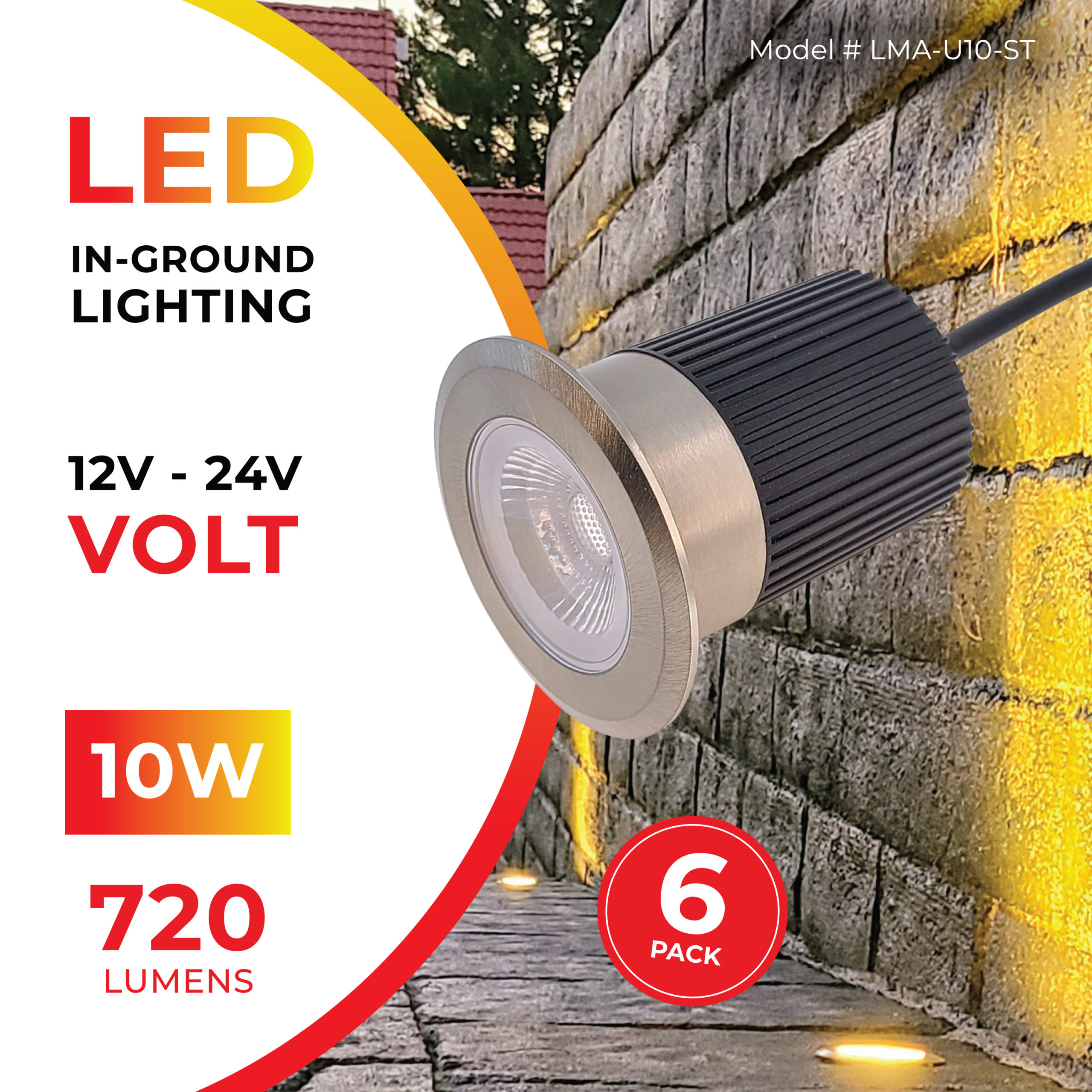 6-Pack 10W LED In-Ground Landscape Lighting, Low Voltage.