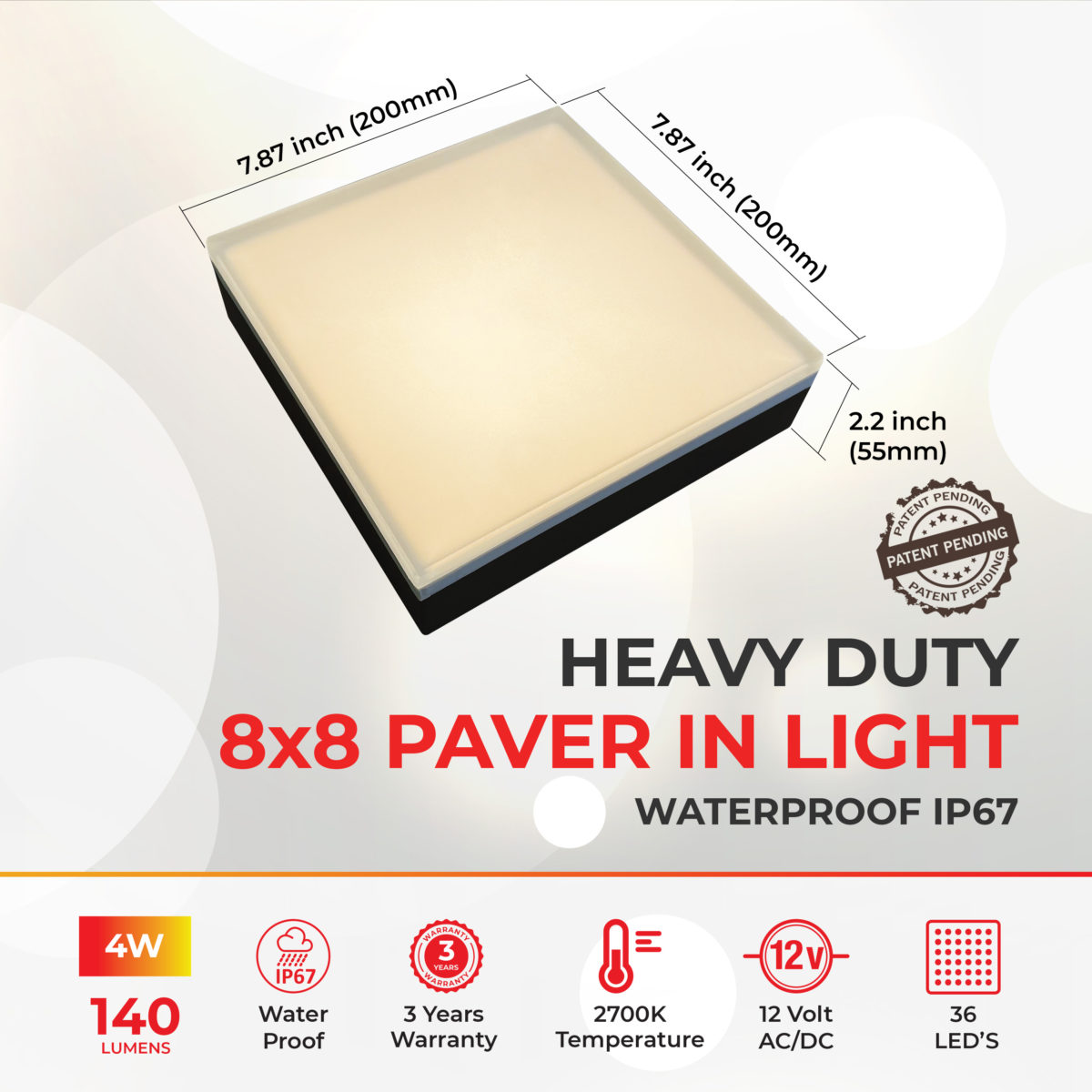 Dimensions of the 8x8 Inch Glare-Free Paver Light - Perfect fit for standard 9x9 inch pavers (7.87 inch x 7.87 inch)