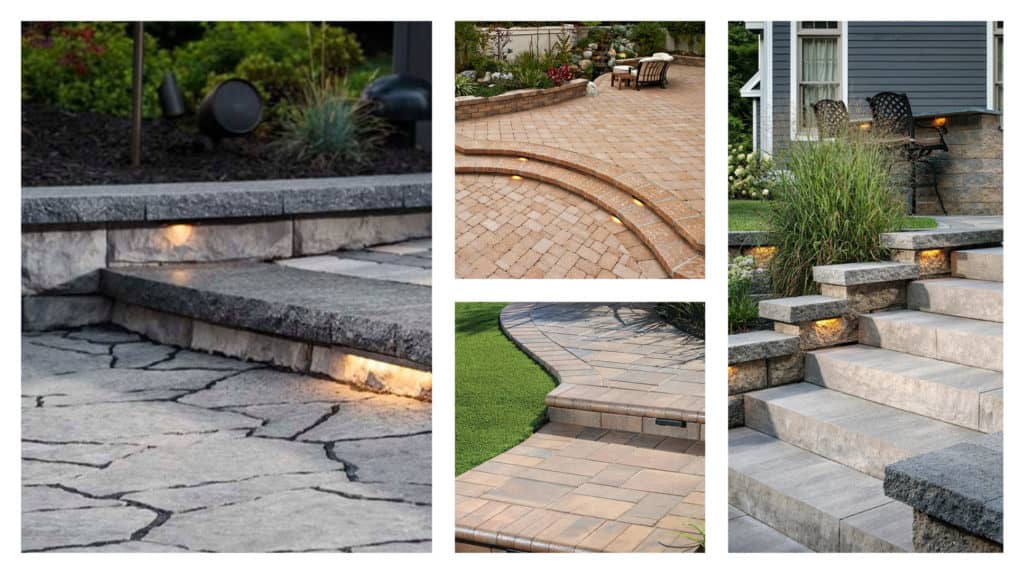 Brick patio and fire pit with hardscape lighting on the edges