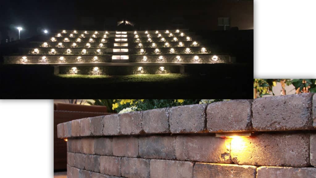 Hardscape lighting on a concrete walkway and steps