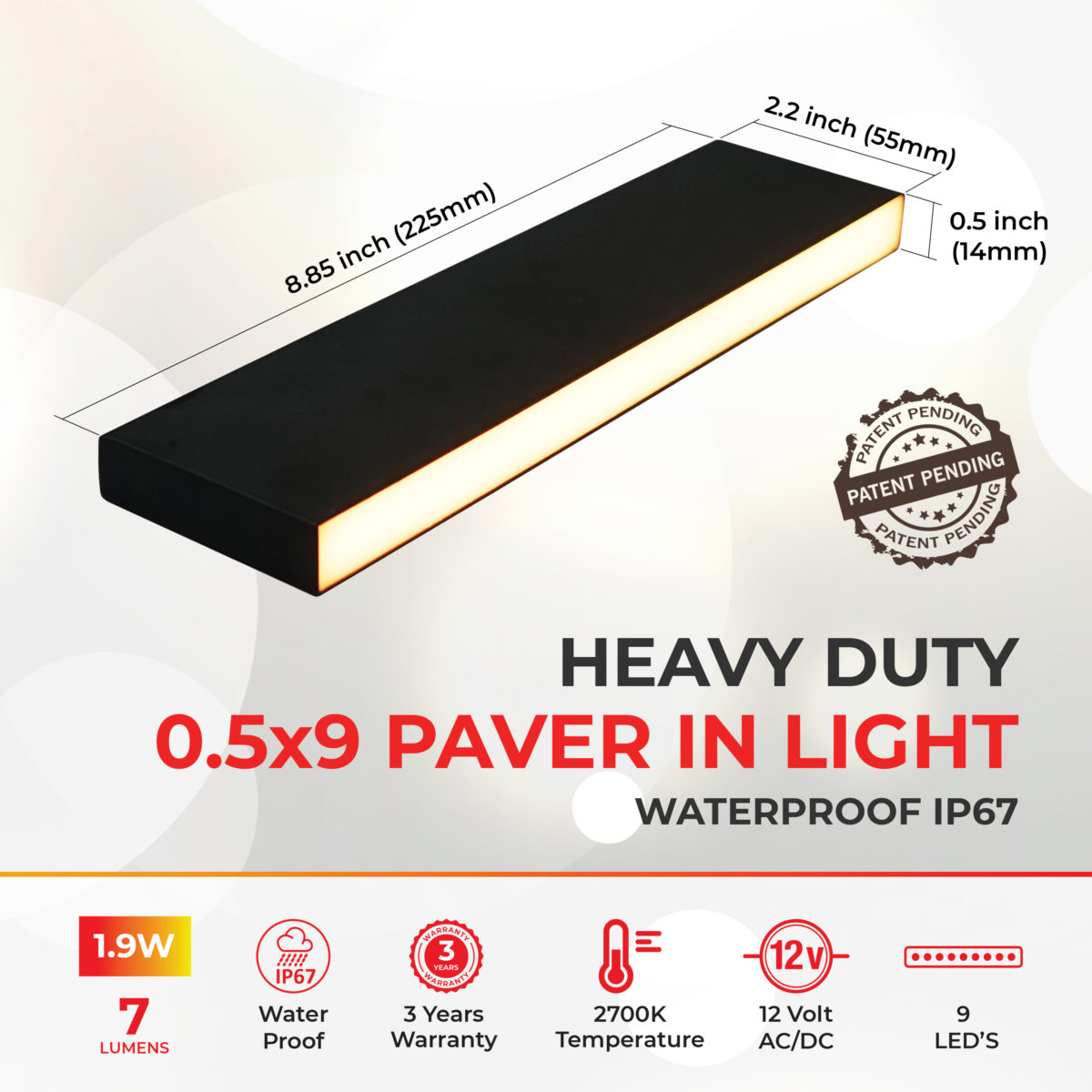 Dimensions of Lumengy 0.5x9 Inch Slim Paver Light
