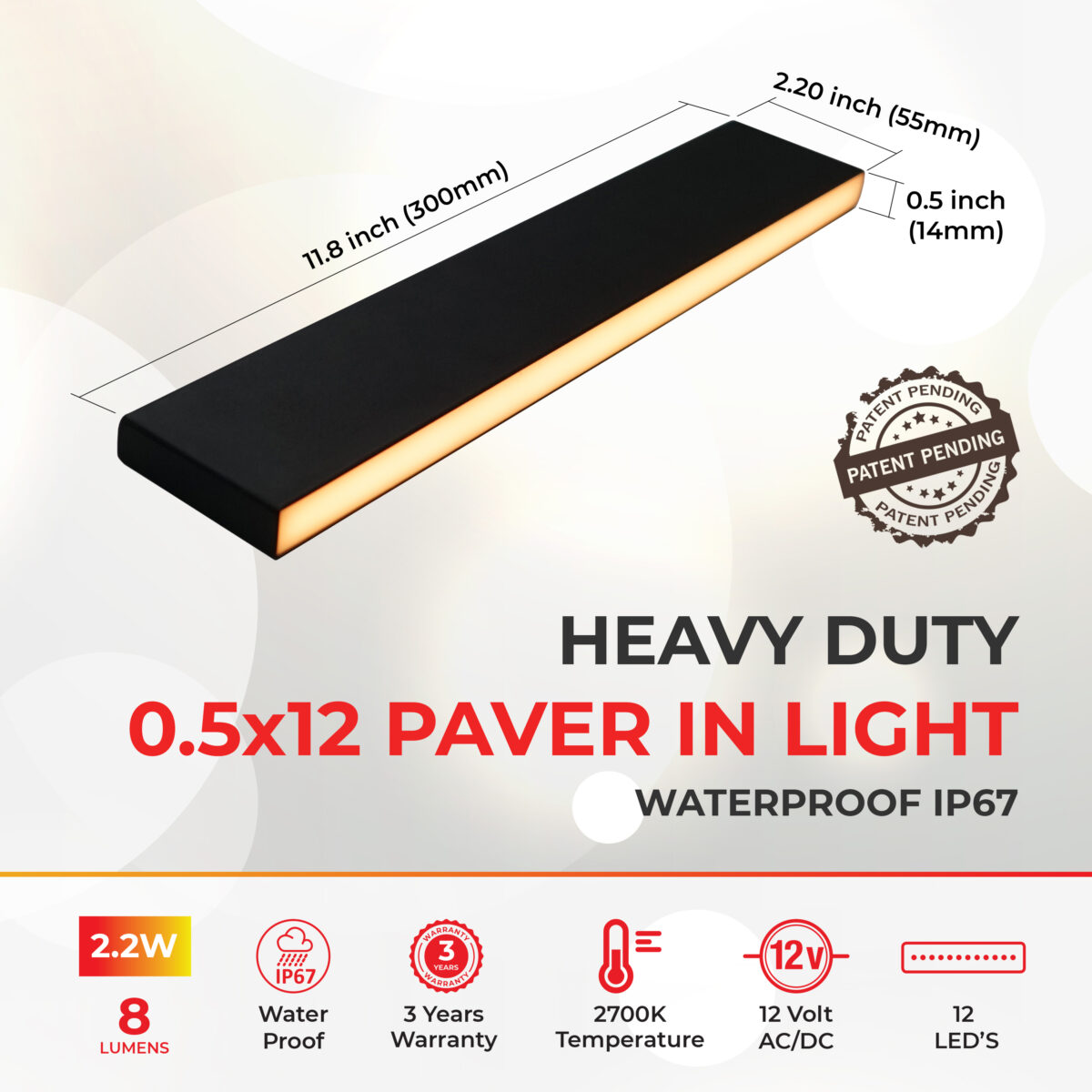 Waterproof Slim Paver Light - 0.5x12 Inch - IP67