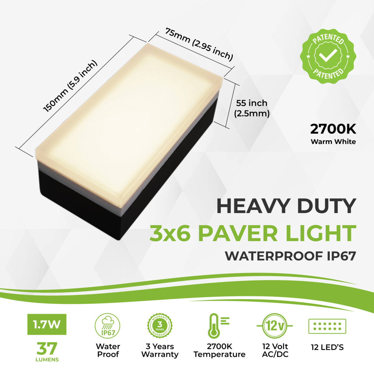 Paver Light 3×6 Inch, 2700K Brick Lighting For Pavers, Driveway, Pathway Patio, & Garden, 12V Waterproof IP67, Drive-Over Rated - Image 2