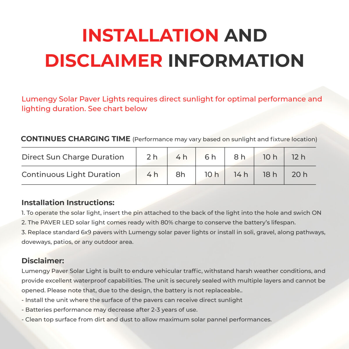 Solar Paver Lights Installation and Disclaimer
