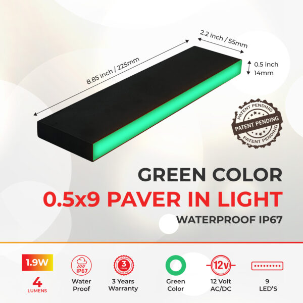 Waterproof Green Paver Light Dimensions - 9-inch Pavers (Fixture Size 0.55x8.85)