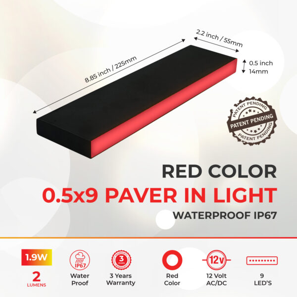 Waterproof Red Paver Light Dimensions - 9-inch Pavers (Fixture Size 0.55x8.85)