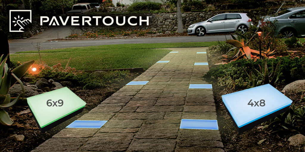 A photo of PAVER TOUCH lights in different colors and brightness levels.