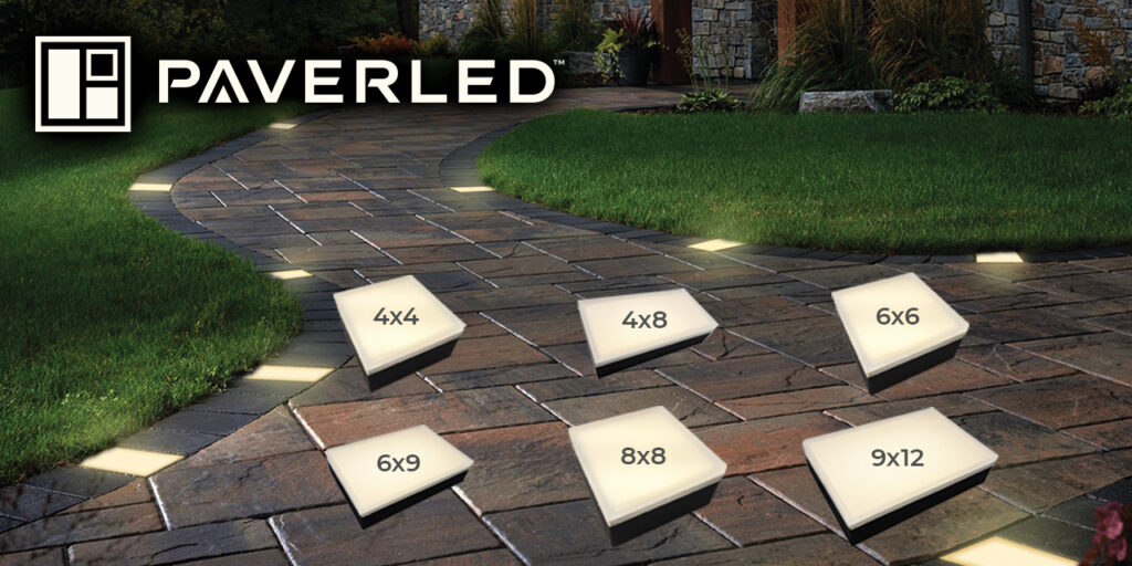 A photo of PAVER LED lights in different sizes (4x4, 4x8, 6x6, 6x9, 8x8, 9x12).
