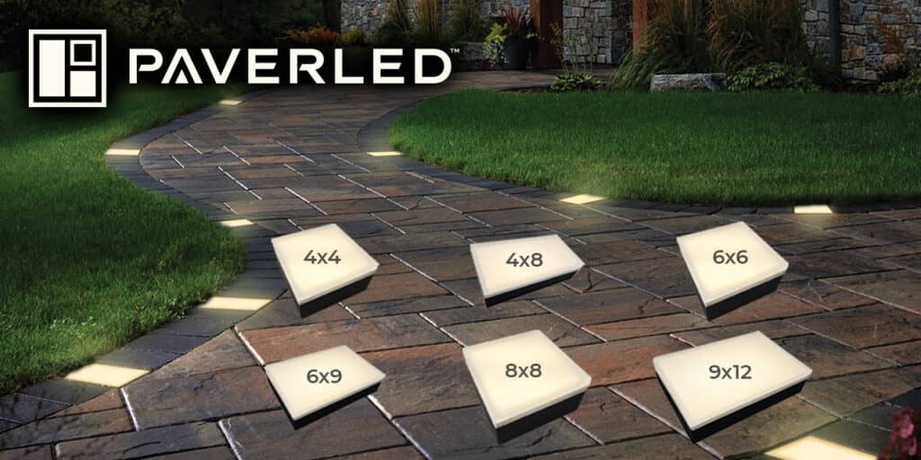 A photo of PAVER LED lights in different sizes (4x4, 4x8, 6x6, 6x9, 8x8, 9x12).