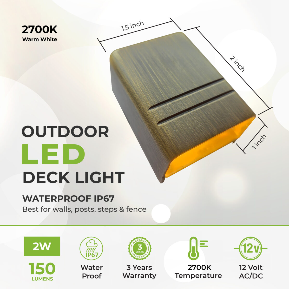 Mini Deck Down Light, For Steps, Posts, Fence, Walls, 12V Low Voltage, IP67 Waterproof, Solid Brass, Warm White 2700K (6-Pack) - Image 2