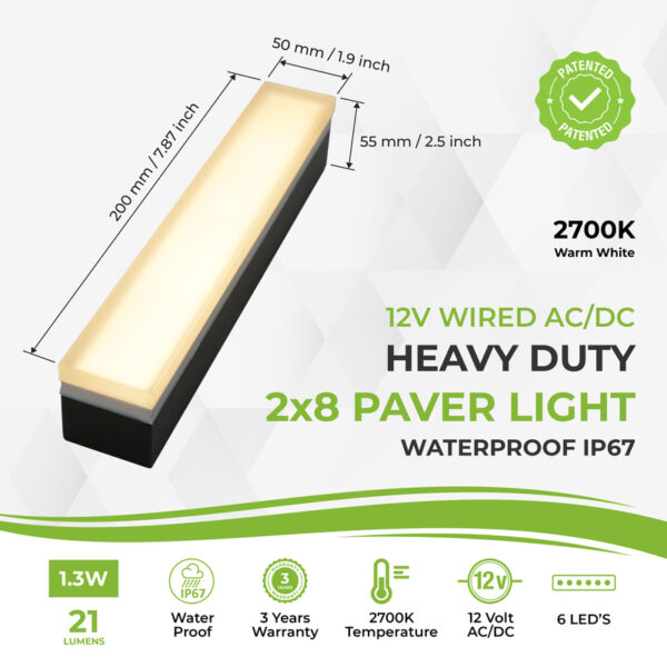 Paver Light 2×8 Inch 2700K Warm White Waterproof IP67 Heavy Duty 12V LED