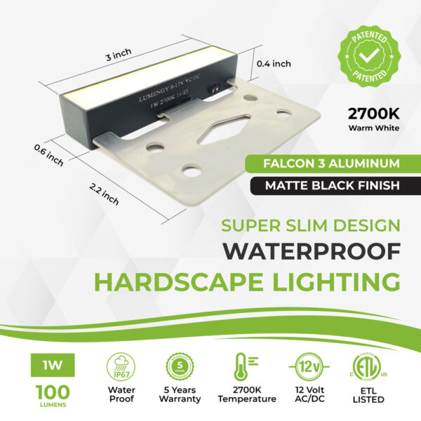 Falcon 3 aluminum hardscape light with matte black finish, 2700K warm white, waterproof IP67, 12V AC/DC, 1W, 100 lumens, super slim LED step and wall lighting