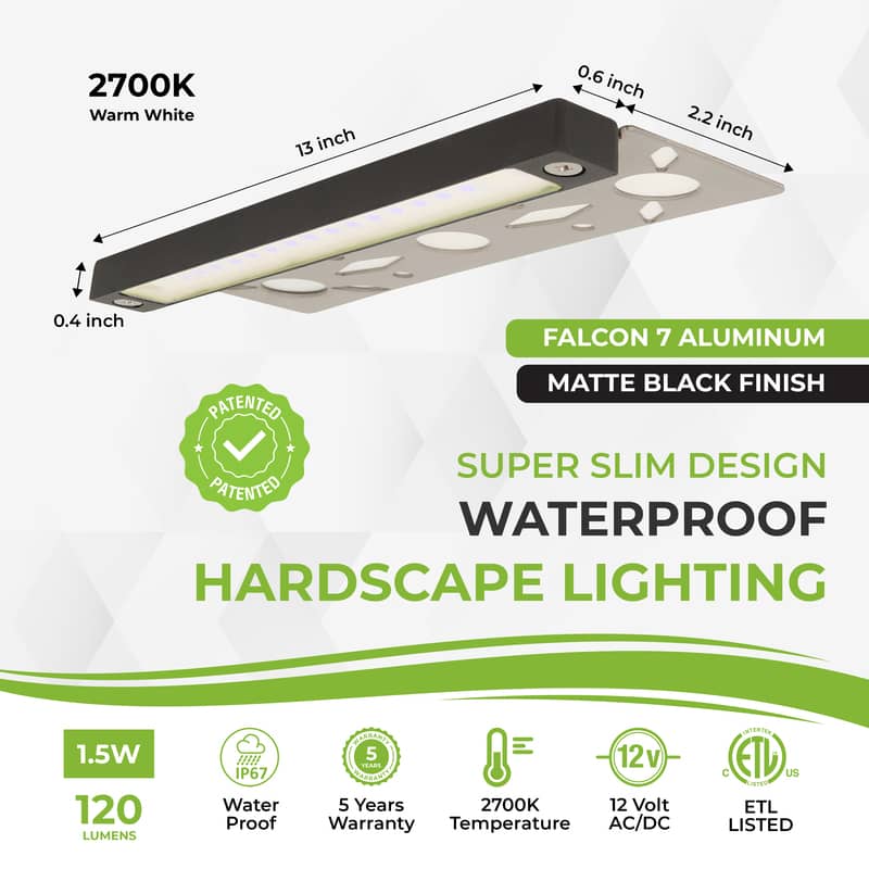 Falcon 7 aluminum hardscape light with matte black finish, 2700K warm white, waterproof IP67, 12V AC/DC, 1.5W, 120 lumens, slim LED step and wall lighting