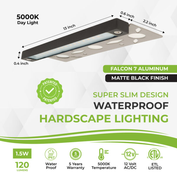 Falcon 7 aluminum hardscape light with matte black finish, 5000K daylight, waterproof IP67, 12V AC/DC, 1.5W, 120 lumens, slim LED retaining wall and step lighting
