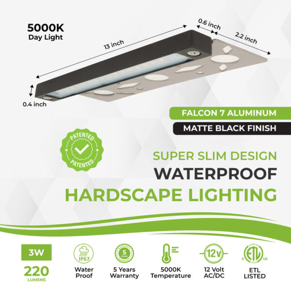 Falcon 7 aluminum hardscape light with matte black finish, 5000K daylight, waterproof IP67, 12V AC/DC, 3W, 220 lumens, super slim LED retaining wall and step lighting