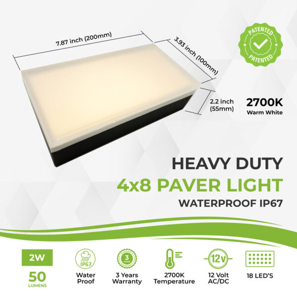 Heavy duty 4x8 LED paver light with 2700K warm white, waterproof IP67, 12V AC/DC, 50 lumens, 18 LEDs, 2W, ideal for outdoor landscape lighting