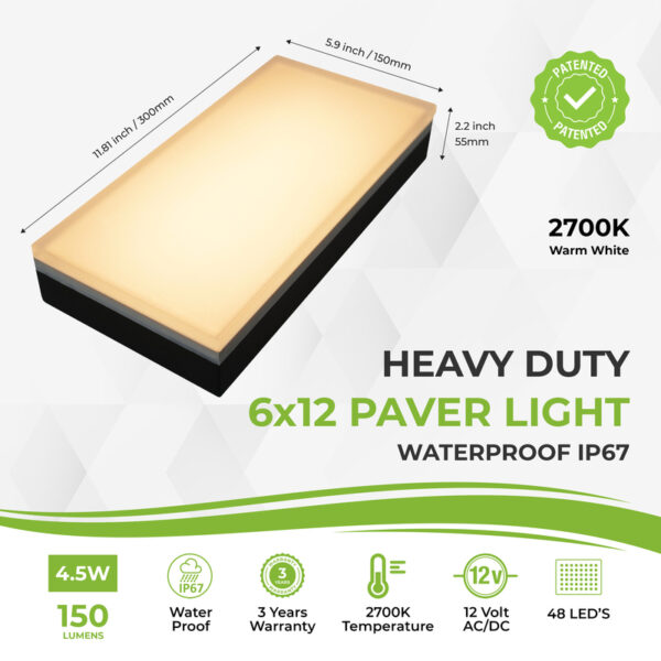 Heavy duty 6x12 LED paver light with 2700K warm white, waterproof IP67, 12V AC/DC, 150 lumens, 48 LEDs, 4.5W, outdoor landscape and driveway lighting