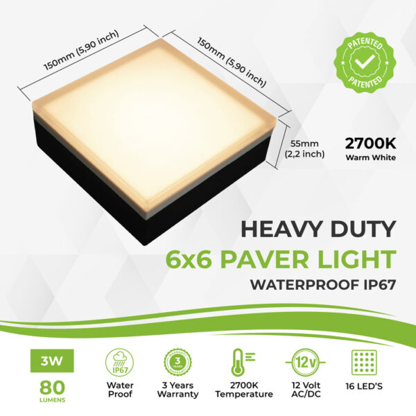 Heavy duty 6x6 LED paver light with 2700K warm white, waterproof IP67, 12V AC/DC, 80 lumens, 16 LEDs, 3W, outdoor pathway and patio lighting