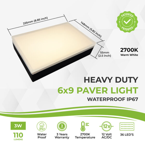 Heavy duty 6x9 LED paver light with 2700K warm white, waterproof IP67, 12V AC/DC, 110 lumens, 36 LEDs, 3W, outdoor landscape and driveway lighting