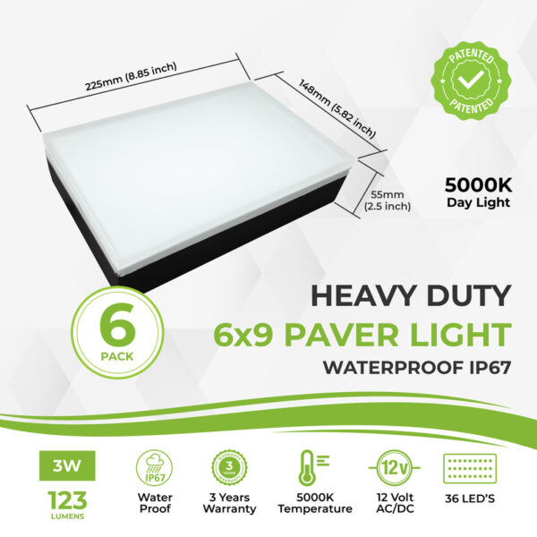 Heavy duty 6x9 LED paver light with 5000K daylight, waterproof IP67, 12V AC/DC, 123 lumens, 36 LEDs, 3W, outdoor landscape and pathway lighting, 6 pack