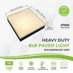 Heavy duty 8x8 LED paver light with 2700K warm white, waterproof IP67, 12V AC/DC, 140 lumens, 36 LEDs, 4W, outdoor pathway, patio, and driveway lighting