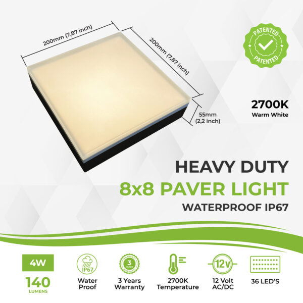 Heavy duty 8x8 LED paver light with 2700K warm white, waterproof IP67, 12V AC/DC, 140 lumens, 36 LEDs, 4W, outdoor pathway, patio, and driveway lighting