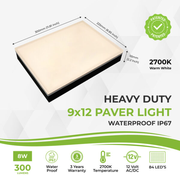 Heavy duty 9x12 LED paver light with 2700K warm white, waterproof IP67, 12V AC/DC, 300 lumens, 84 LEDs, 8W, outdoor pathway, driveway, and patio lighting