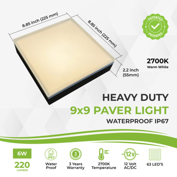 Heavy duty 9x9 LED paver light with 2700K warm white, waterproof IP67, 12V AC/DC, 220 lumens, 63 LEDs, 6W, outdoor driveway, patio, and pathway lighting