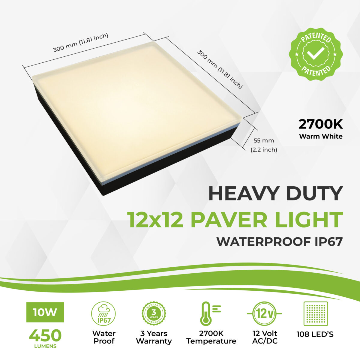 Paver Light 12×12 Inch, 2700K Brick Lighting For Pavers, Driveway, Pathway Patio, & Garden, 12V Waterproof IP67, Drive-Over Rated - Image 3