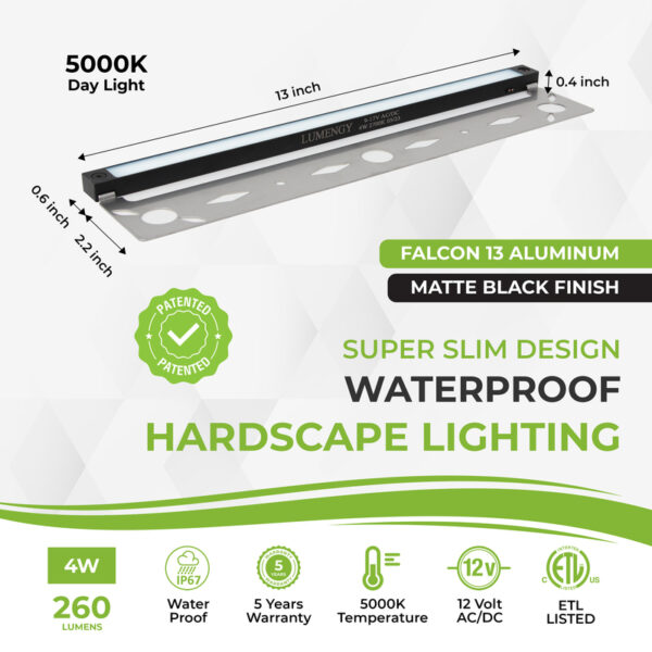 Lumengy Falcon 13 aluminum hardscape light, 13-inch, matte black finish, slim waterproof design, 5000K daylight, 260 lumens, 4W, 12V AC/DC.