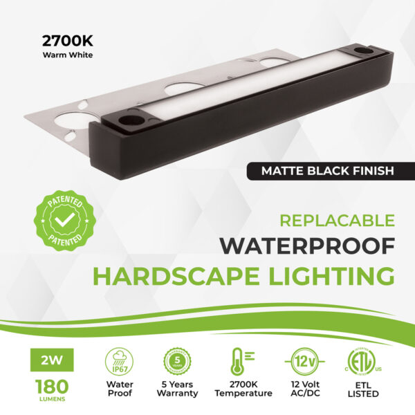 Lumengy replaceable hardscape light, matte black finish, 2700K warm white, 2W, 180 lumens, waterproof IP67, 12V AC/DC.