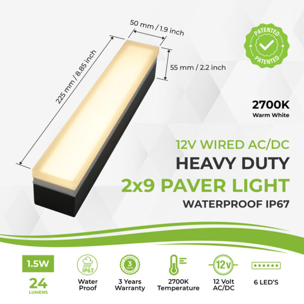 Paver Light 2×9 Inch 2700K warm white LED brick lighting for pavers driveway patio and garden waterproof IP67 heavy duty 12V drive over rated