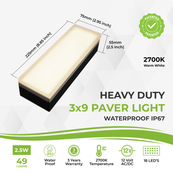Paver Light 3×9 Inch 2700K warm white LED brick lighting for pavers driveway patio and garden waterproof IP67 heavy duty 12V drive over rated