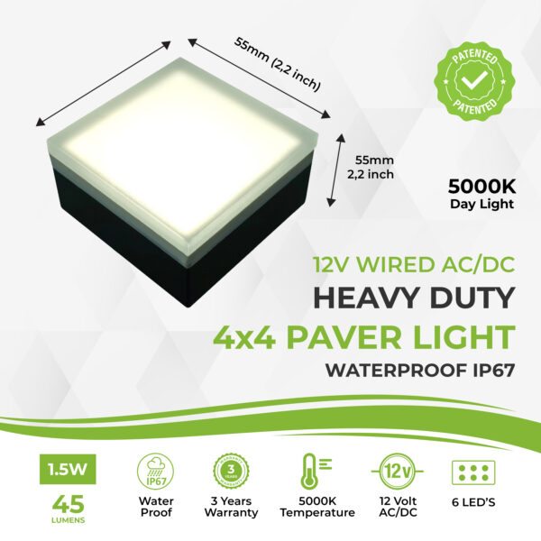 Paver Light 4×4 Inch 5000K daylight LED brick lighting for pavers driveway patio and garden waterproof IP67 heavy duty 12V drive over rated