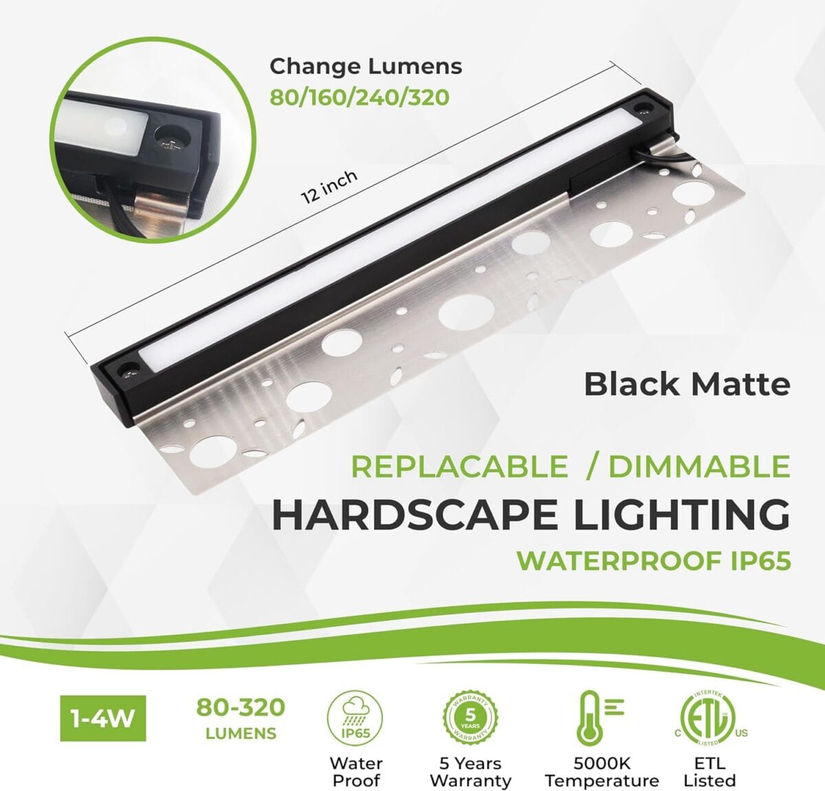 12 inch LED Hardscape Light, 1-4 Watts Dimmable, 5000K, Easy Replaceable Feature, 3 Mounting Plates For Retaining Walls & Outdoor Paver Steps Lighting, 50K Hours Lifespan, Black Finish (6-pack) - Image 8