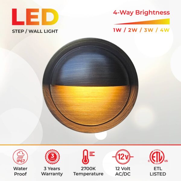 1-4 Watts Half Moon Deck Light For Low Voltage Landscape Lighting Dimmable 4-Way Brightness Solid Brass (6-Pack) - Image 2