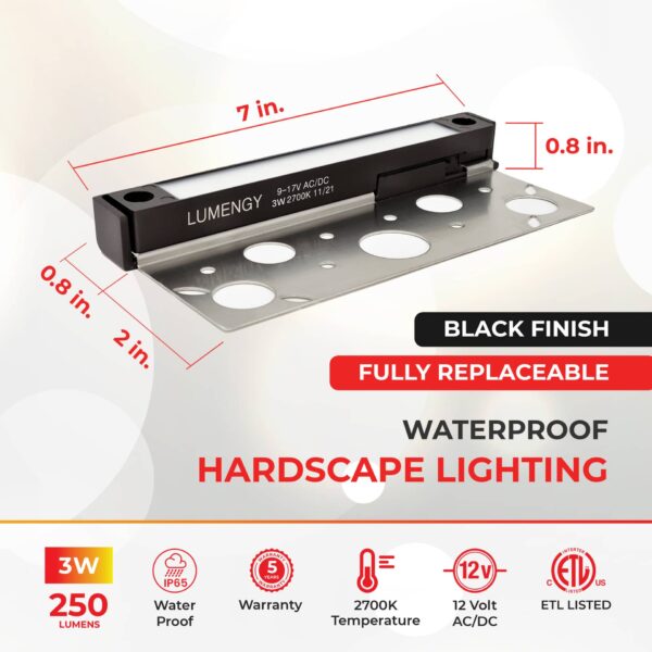 7 inch 3W Black Replaceable LED Hardscape lights, 2700K, Best For Paver Steps, Retaining Walls & Outdoor Step Lighting (6-pack) - Image 3