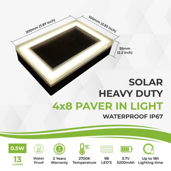 Solar Paver Light 4×8 inch, 2700K Warm White, Up to 12 Hours of Continuous Lighting, Stainless Steel, Glare-Free for Driveways & Garden, Waterproof & Drive-Over - Image 2
