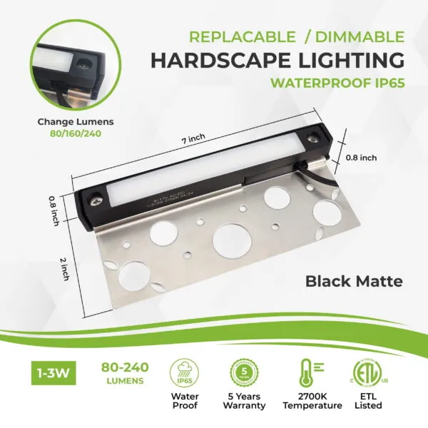 7 inch LED Hardscape Light, 1-3 Watts Dimmable, 2700K, Easy Replaceable Feature, 3 Mounting Plates For Retaining Walls & Outdoor Paver Steps Lighting, 50K Hours Lifespan, Black Finish (6-pack) - Image 2
