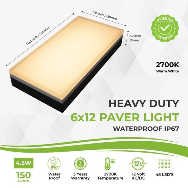Paver Light 6x12 Inch, 2700K Brick Lighting For Pavers, Driveway, Pathway Patio, & Garden, 12V Waterproof IP67, Drive-Over Rated - Image 2