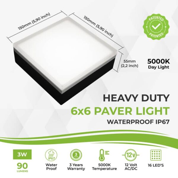 Paver Light 6×6 Inch, 5000K Brick Lighting For Pavers, Driveway, Pathway Patio, & Garden, 12V Waterproof IP67, Drive-Over Rated - Image 2