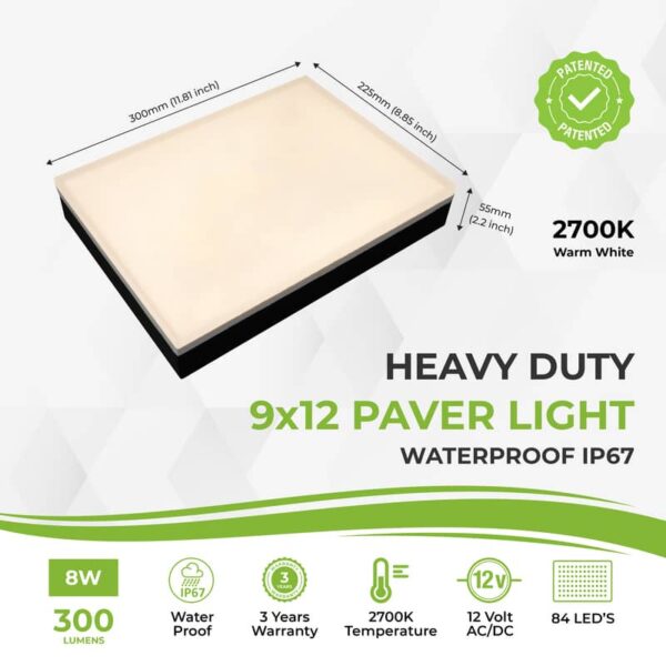 Paver Light 9×12 Inch, 2700K Brick Lighting For Pavers, Driveway, Pathway Patio, & Garden, 12V Waterproof IP67, Drive-Over Rated - Image 2