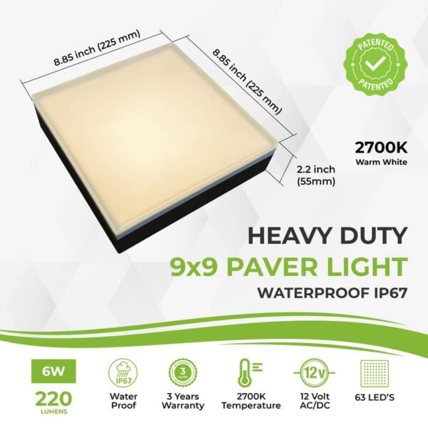 Paver Light 9×9 Inch, 2700K Brick Lighting For Pavers, Driveway, Pathway Patio, & Garden, 12V Waterproof IP67, Drive-Over Rated - Image 2