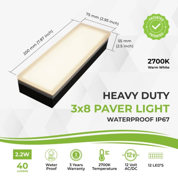 Paver Light 3×8 Inch, 2700K Brick Lighting For Pavers, Driveway, Pathway Patio, & Garden, 12V Waterproof IP67, Drive-Over Rated - Image 2