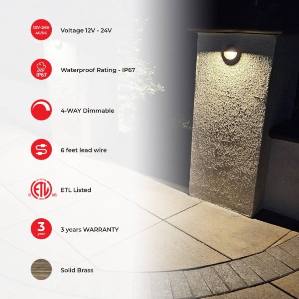 1-4 Watts Half Moon Deck Light For Low Voltage Landscape Lighting Dimmable 4-Way Brightness Solid Brass (6-Pack) - Image 8