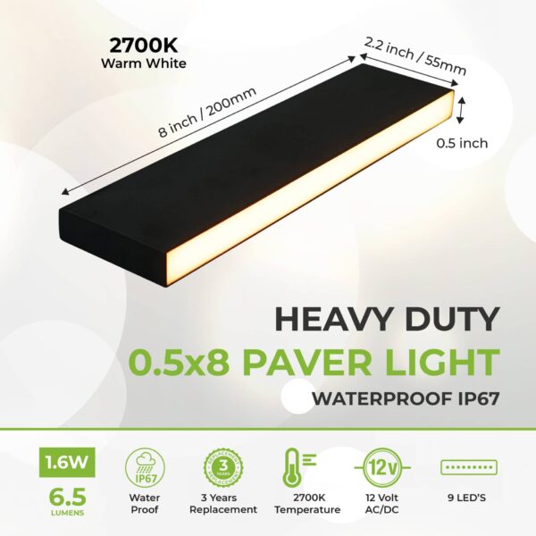 12-Pack Paver Light Slim 0.5x8 Inch Glare-Free Brick Lighting For Pavers, Walls, Driveway, Pathway & Garden, 2700K 12V Waterproof, Drive-Over Rated - Image 3
