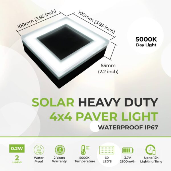 Solar Paver Light 4×4 inch, 5000K Up to 12 Hours of Continuous Lighting, Stainless Steel, Glare-Free for Driveways & Garden, Waterproof & Drive-Over - Image 2