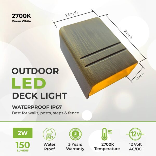 Mini Deck Down Light, For Steps, Posts, Fence, Walls, Solid Brass, Warm White 2700K, 12V, IP67 Waterproof (6-Pack) - Image 2