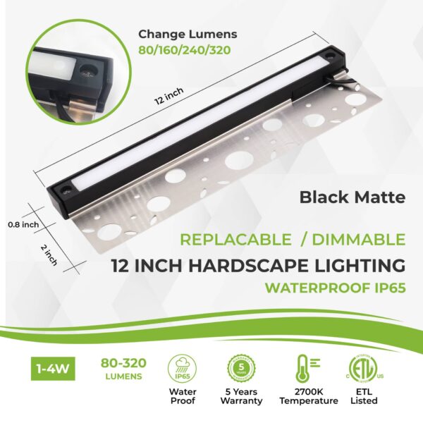 12 inch LED Hardscape Light, 1-4 Watts Dimmable, 2700K, Easy Replaceable Feature, 3 Mounting Plates For Retaining Walls & Outdoor Paver Steps Lighting, 50K Hours Lifespan, Black Finish (6-pack) - Image 2
