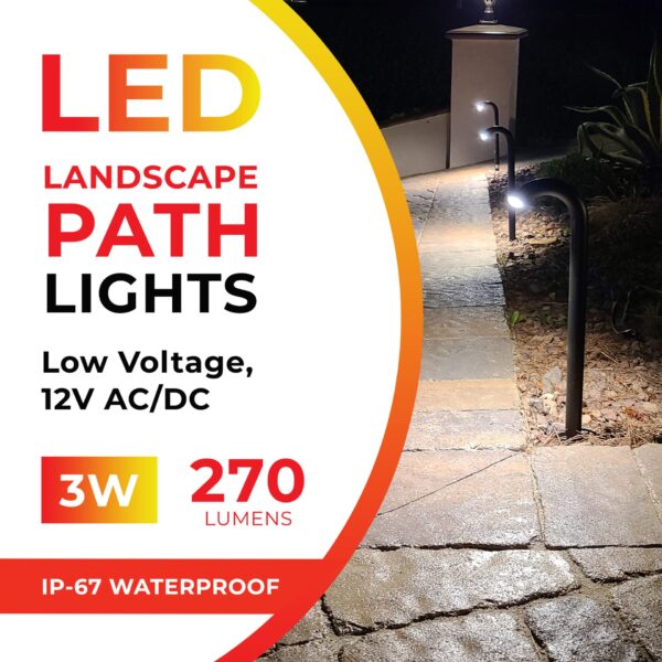 3W LED Landscape Bollard Path Light, Modern Curved Design, 12V Low Voltage, IP67 Waterproof, for Pathways, Driveways and Walkways, Black Finish (4 Pack) - Image 2